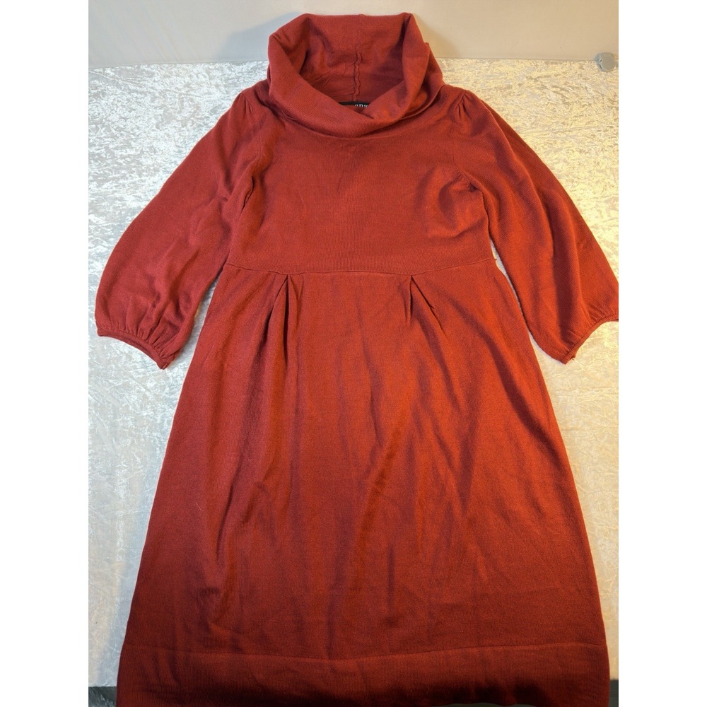 a.n.a. Sweater Dress Women M Rust Cowl Neck 3/4 Sleeve Pleated Fit Flare
